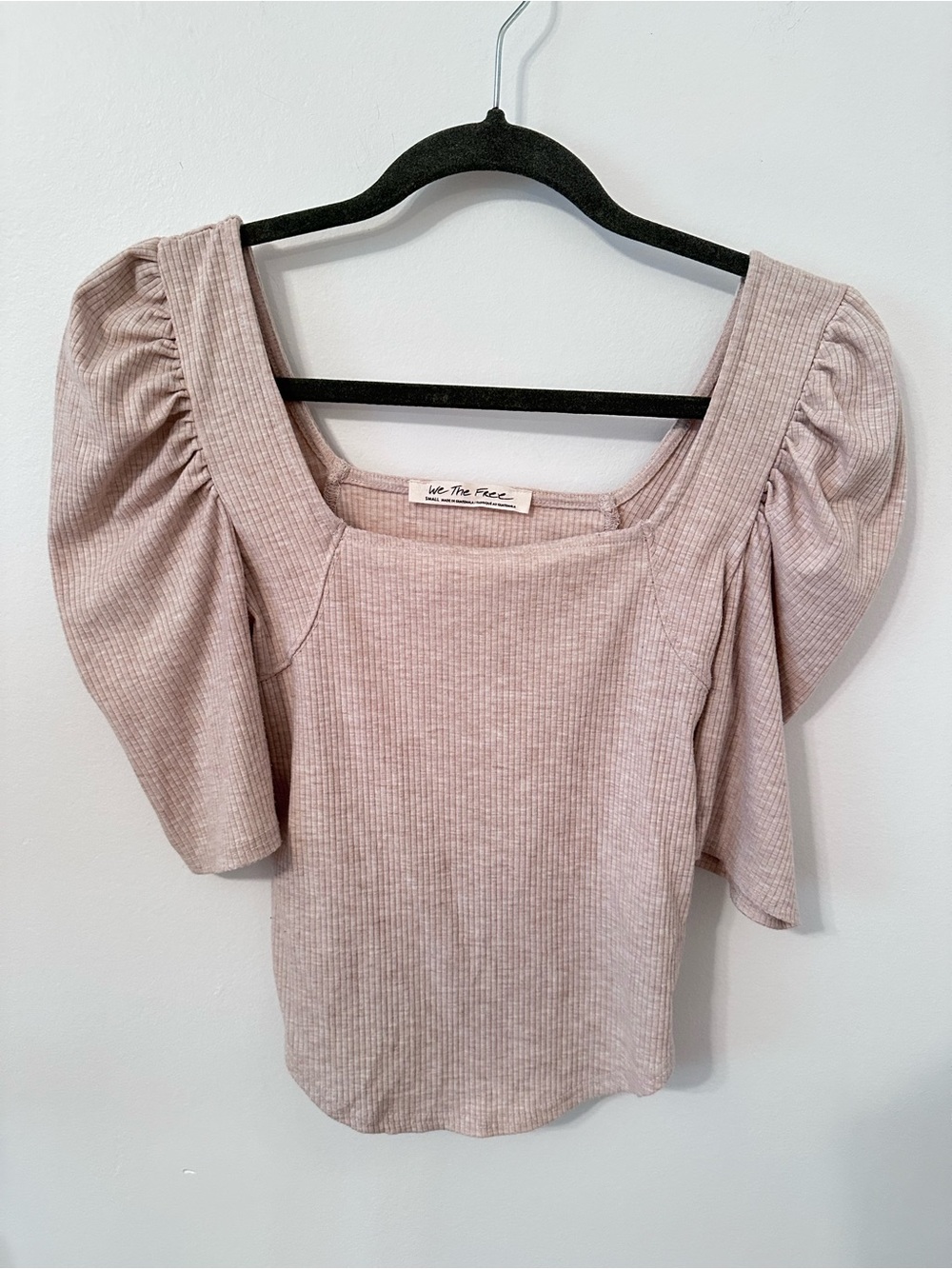 Free People Ribbed Square Neck Puff Sleeve Top in Oatmeal